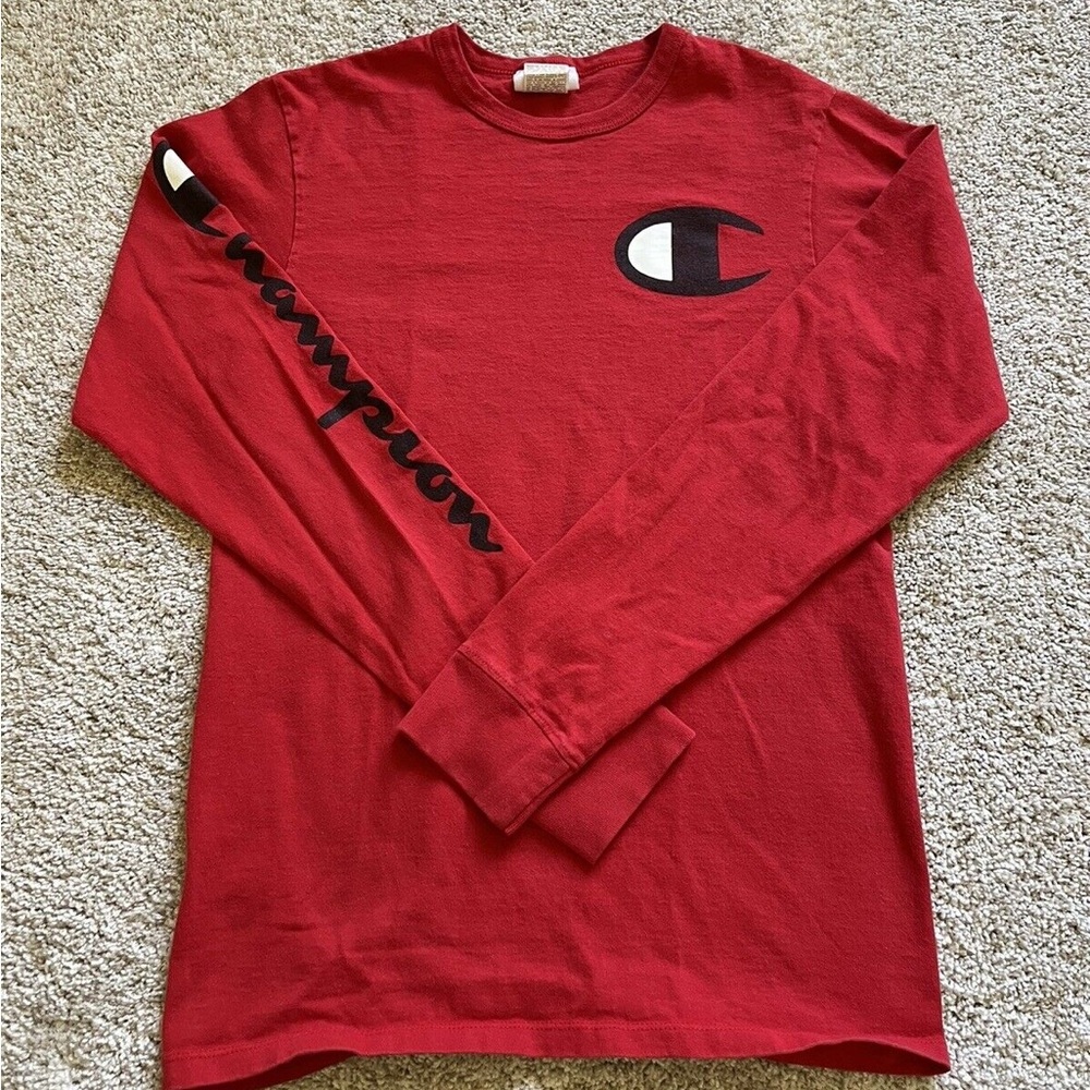 Champion T-Shirt Unisex Small Long Sleeve Cotton Crew Neck Graphic Logo Red